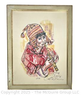 Framed Under Glass Pastel on Paper of Peruvian Flute Player Signed by Artist Elena Castellano Argentina, 1968.  22 x 28"