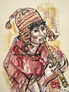 Framed Under Glass Pastel on Paper of Peruvian Flute Player Signed by Artist Elena Castellano Argentina, 1968.  22 x 28"