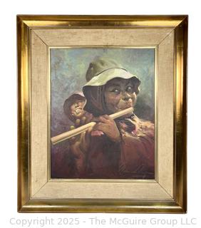 Framed Oil on Canvas of Peruvian Flute Player Signed by Artist.  24 x 27"