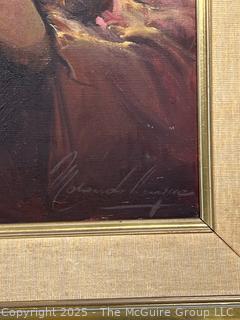 Framed Oil on Canvas of Peruvian Flute Player Signed by Artist.  24 x 27"