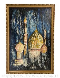Framed Oil on Board of Al Aqsa Mosque Signed by Artist Sue Behnken Dangler, 1968. 27 x 39"