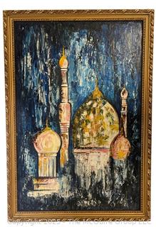 Framed Oil on Board of Al Aqsa Mosque Signed by Artist Sue Behnken Dangler, 1968. 27 x 39"