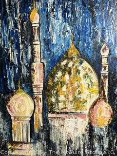 Framed Oil on Board of Al Aqsa Mosque Signed by Artist Sue Behnken Dangler, 1968. 27 x 39"