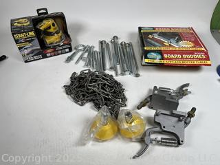 NIB Laser Line Level, "Board Buddy" Table Clamping System in Box and Misc Hardware Tools