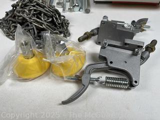 NIB Laser Line Level, "Board Buddy" Table Clamping System in Box and Misc Hardware Tools