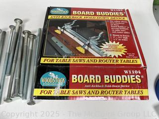 NIB Laser Line Level, "Board Buddy" Table Clamping System in Box and Misc Hardware Tools