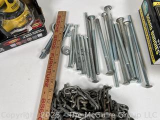 NIB Laser Line Level, "Board Buddy" Table Clamping System in Box and Misc Hardware Tools