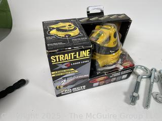 NIB Laser Line Level, "Board Buddy" Table Clamping System in Box and Misc Hardware Tools