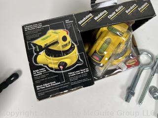 NIB Laser Line Level, "Board Buddy" Table Clamping System in Box and Misc Hardware Tools