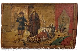 Primitive Folk Painted Death Scene on Wood Plaque. 12 x 20"