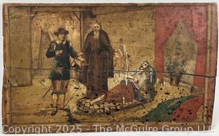 Primitive Folk Painted Death Scene on Wood Plaque. 12 x 20"