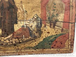 Primitive Folk Painted Death Scene on Wood Plaque. 12 x 20"