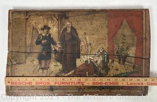 Primitive Folk Painted Death Scene on Wood Plaque. 12 x 20"