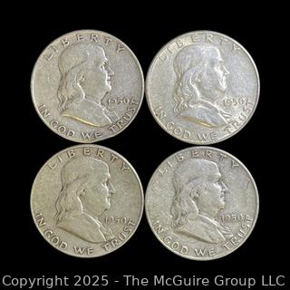 Four (4) 1950 (P) US Franklin Half Dollar Silver Coins