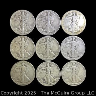 Nine (9) 1939 (P) "Walking Liberty" US Half Dollar Silver Coins