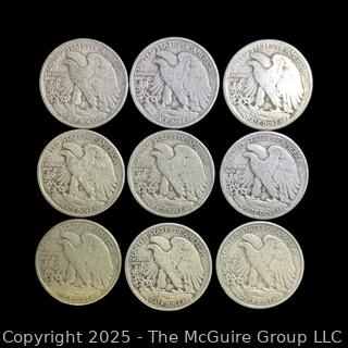 Nine (9) 1939 (P) "Walking Liberty" US Half Dollar Silver Coins