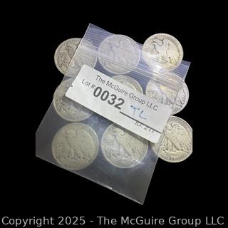 Nine (9) 1939 (P) "Walking Liberty" US Half Dollar Silver Coins