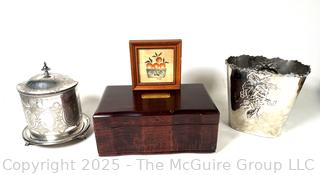 Silver Plate Biscuit Barrel and Wine Cooler, Wooden Jewerly Box and Framed Print