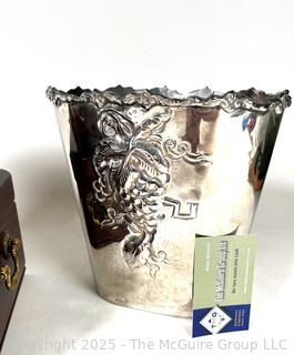Silver Plate Biscuit Barrel and Wine Cooler, Wooden Jewerly Box and Framed Print