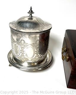 Silver Plate Biscuit Barrel and Wine Cooler, Wooden Jewerly Box and Framed Print