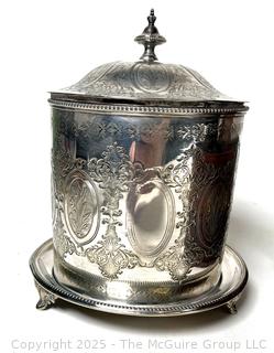 Silver Plate Biscuit Barrel and Wine Cooler, Wooden Jewerly Box and Framed Print