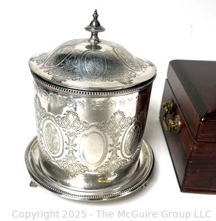 Silver Plate Biscuit Barrel and Wine Cooler, Wooden Jewerly Box and Framed Print