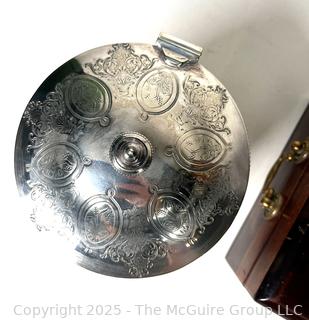 Silver Plate Biscuit Barrel and Wine Cooler, Wooden Jewerly Box and Framed Print