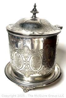 Silver Plate Biscuit Barrel and Wine Cooler, Wooden Jewerly Box and Framed Print