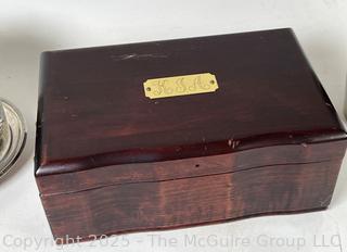 Silver Plate Biscuit Barrel and Wine Cooler, Wooden Jewerly Box and Framed Print