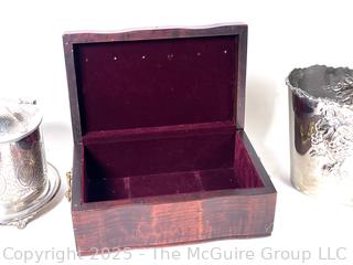 Silver Plate Biscuit Barrel and Wine Cooler, Wooden Jewerly Box and Framed Print