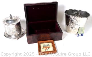 Silver Plate Biscuit Barrel and Wine Cooler, Wooden Jewerly Box and Framed Print