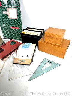 Drafting and Desk Supplies Including Wooden File Boxes