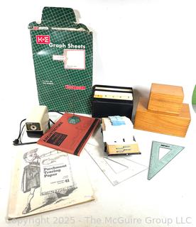 Drafting and Desk Supplies Including Wooden File Boxes