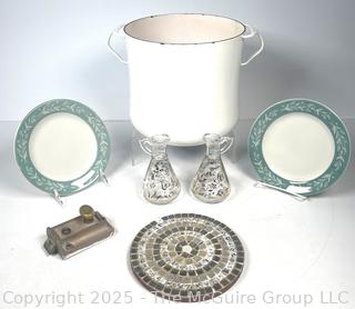 Mid Century Cast Iron Dansk Enamel Soup Pot, Georges Briard Cruets, Restaurant Plates and Mosaic Tile Trivet