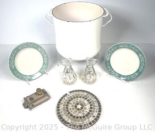 Mid Century Cast Iron Dansk Enamel Soup Pot, Georges Briard Cruets, Restaurant Plates and Mosaic Tile Trivet