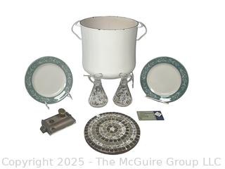 Mid Century Cast Iron Dansk Enamel Soup Pot, Georges Briard Cruets, Restaurant Plates and Mosaic Tile Trivet