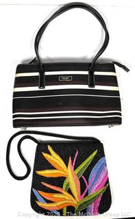 Two (2) Handbags Including Black & White Stripe Kate Spade Tote and Floral Beaded Clutch