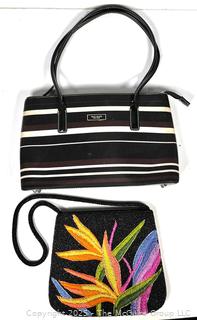 Two (2) Handbags Including Black & White Stripe Kate Spade Tote and Floral Beaded Clutch