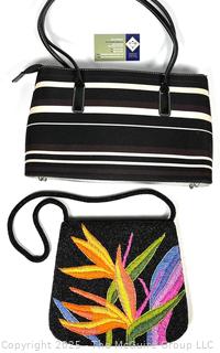 Two (2) Handbags Including Black & White Stripe Kate Spade Tote and Floral Beaded Clutch