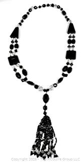 Black Glass and Crystal Bead Necklace with Tassel Pendant