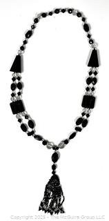 Black Glass and Crystal Bead Necklace with Tassel Pendant