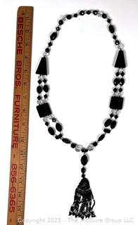 Black Glass and Crystal Bead Necklace with Tassel Pendant