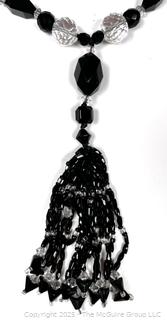 Black Glass and Crystal Bead Necklace with Tassel Pendant
