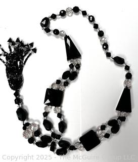 Black Glass and Crystal Bead Necklace with Tassel Pendant