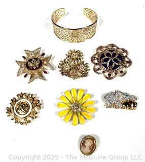 Seven (7) Costume Jewelry Brooches and Cuff Bracelet