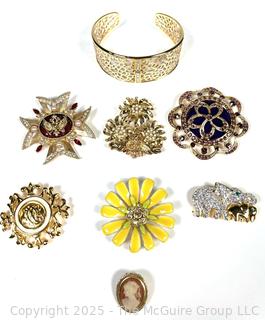 Seven (7) Costume Jewelry Brooches and Cuff Bracelet
