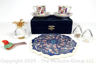 Decorative Porcelain and Glassware Including Güral Porselen Turkish Espresso Coffee Cups & Saucers  and Tile Trivet