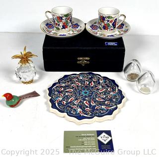 Decorative Porcelain and Glassware Including Güral Porselen Turkish Espresso Coffee Cups & Saucers  and Tile Trivet