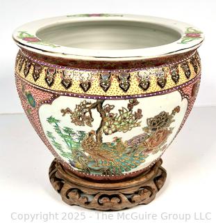 Chinese Floral Koi Fish Bowl Planter with Stand. 10" tall.