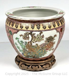 Chinese Floral Koi Fish Bowl Planter with Stand. 10" tall.